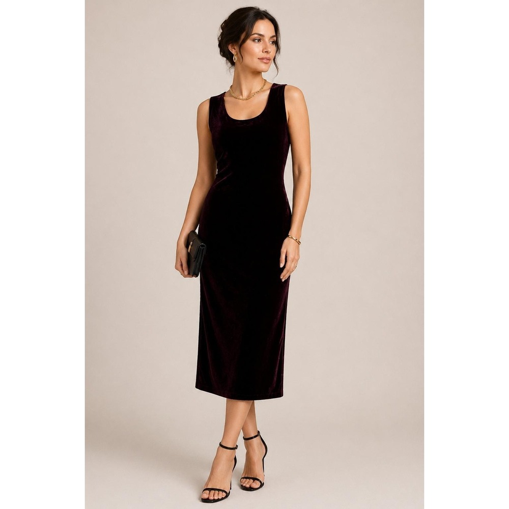 Late Edition Velvet Midi Dress‎ Women 8 Burgundy Sleeveless Sheath Cocktail 90s